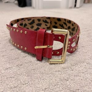 Betsy Johnson red patent leather belt with gold studs.